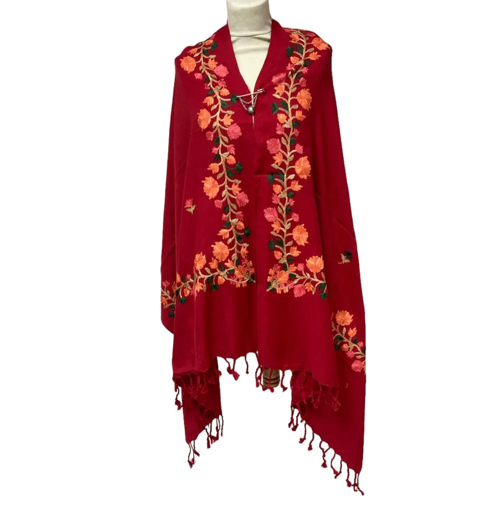 New Women Embroidery Floral Border Shawl with Beads Casual Shawl