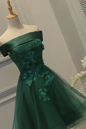 Off Shoulder Green Lace Floral Prom Dress, Short Green Lace Homecoming Dress, Green Formal Evening Dress A1664