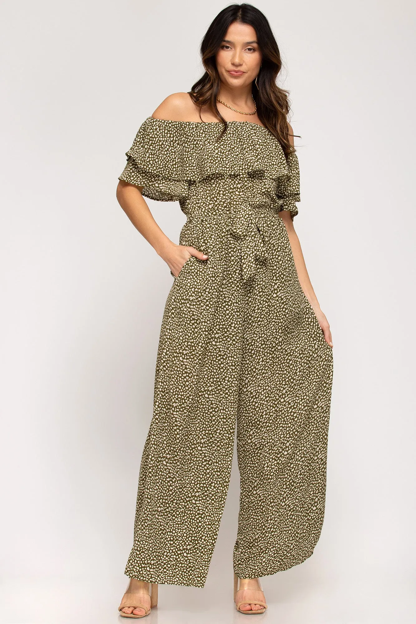 Off-the-shoulder ruffled woven printed jumpsuit with waist sash and lining