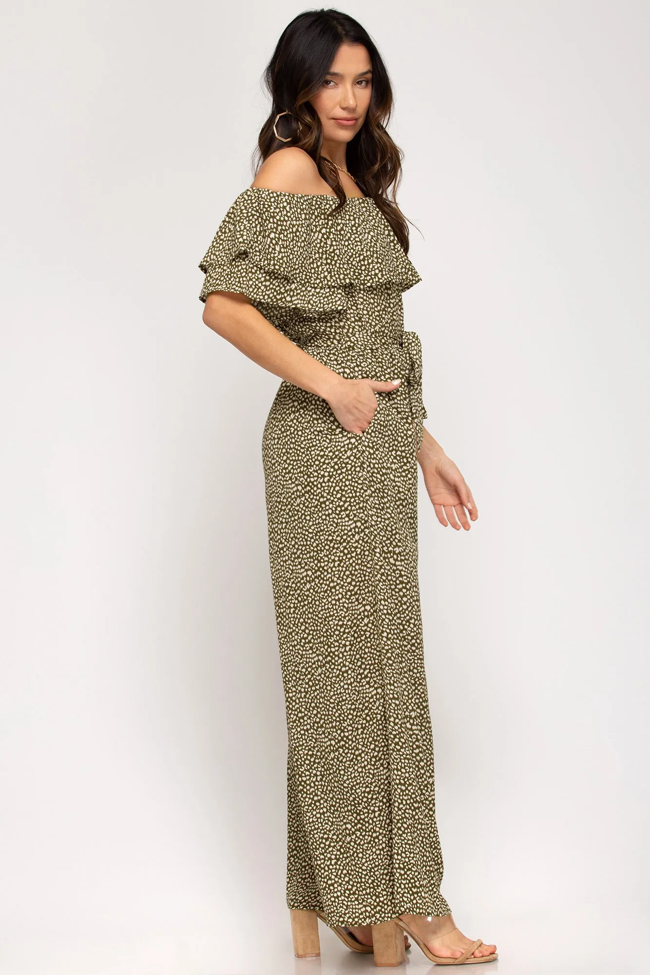 Off-the-shoulder ruffled woven printed jumpsuit with waist sash and lining