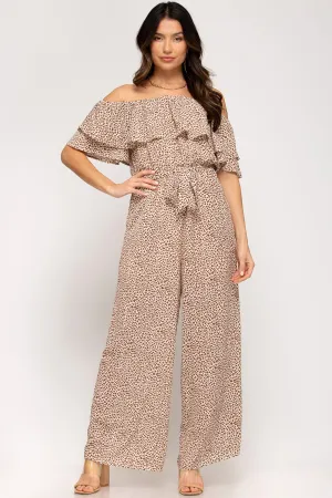 Off-the-shoulder ruffled woven printed jumpsuit with waist sash and lining