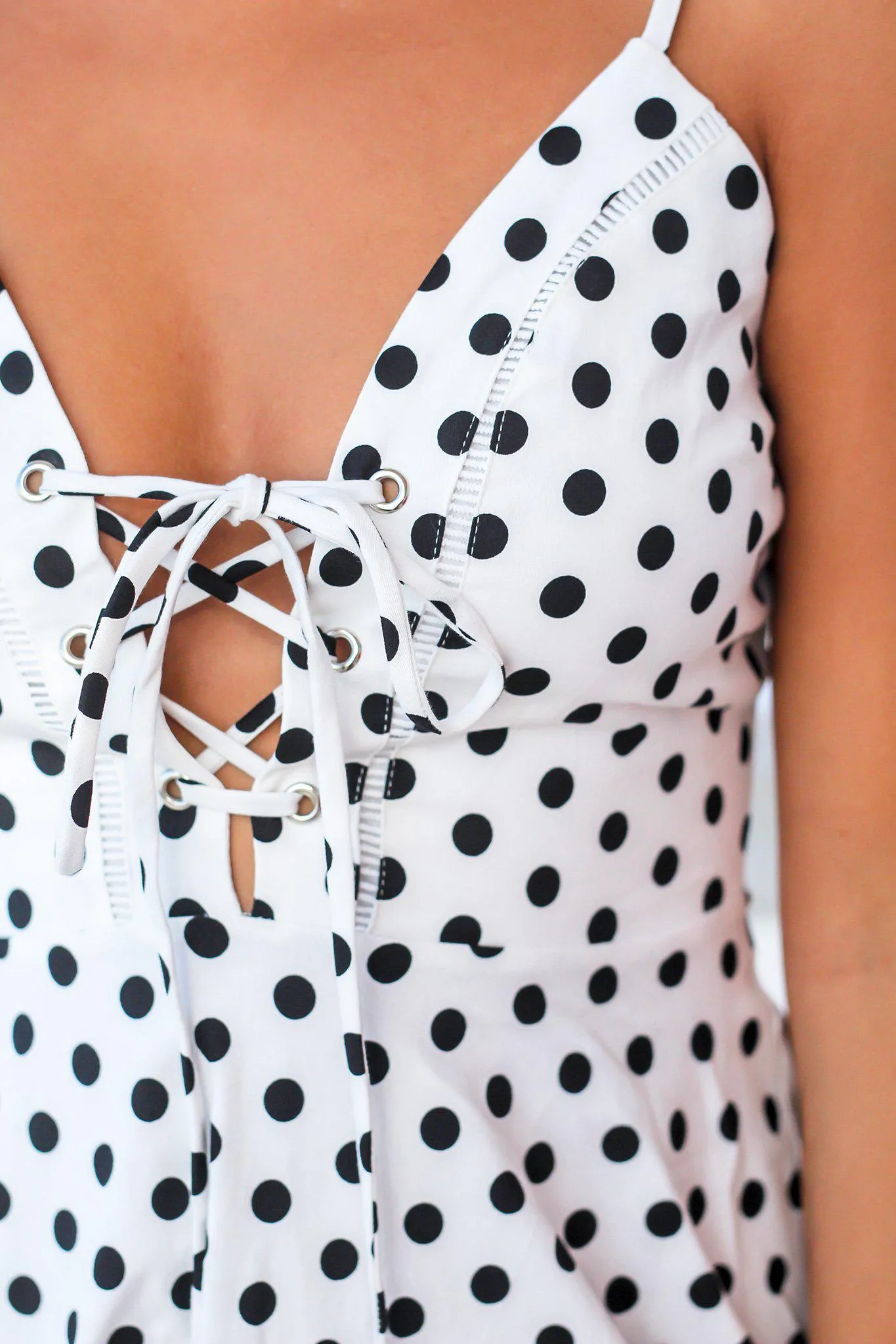 Off White Polka Dot Short Dress with Lace Up Detail