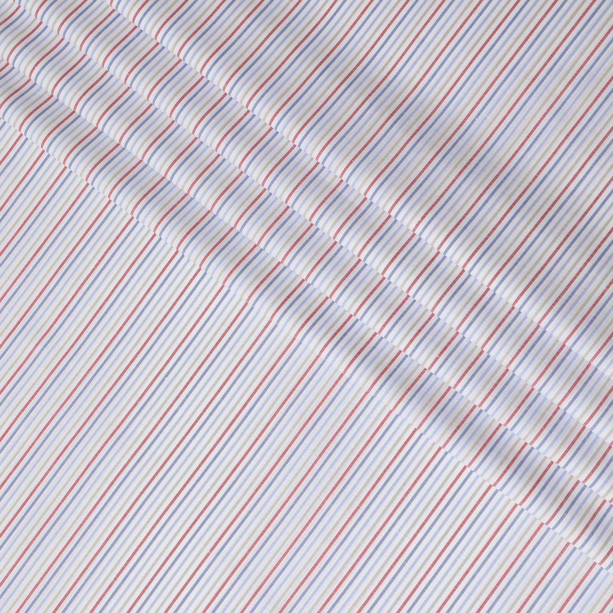 Off white premium pure linen fabric with red, blue and laurel green print in stripe design-D11108