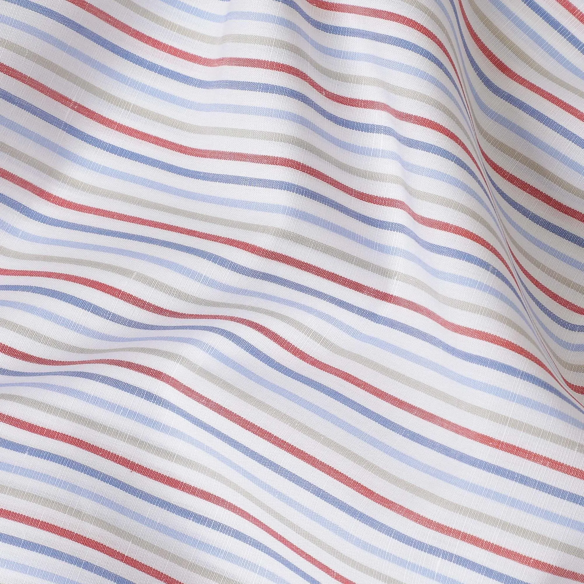 Off white premium pure linen fabric with red, blue and laurel green print in stripe design-D11108