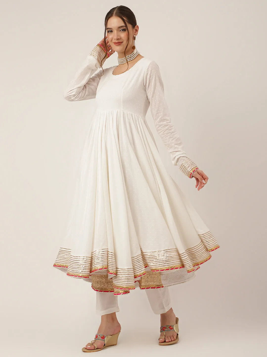 Off White Shree Ram Buta Cotton Layered Anarkali Kurta, Trouser With Dupatta