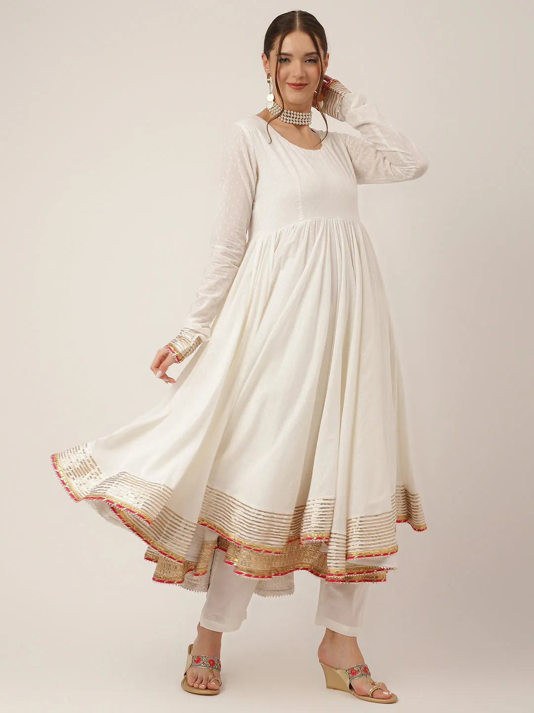 Off White Shree Ram Buta Cotton Layered Anarkali Kurta, Trouser With Dupatta