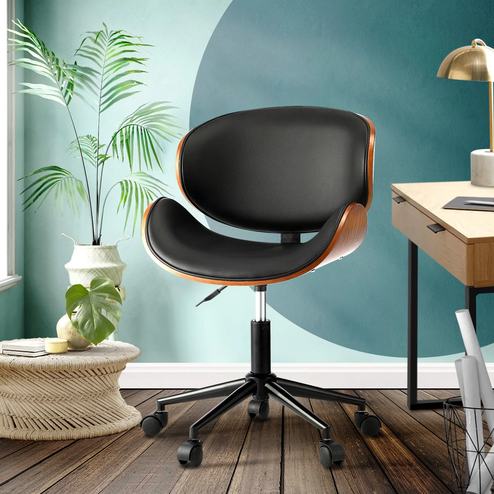 Oikiture Wooden Office Chair Computer Chairs Executive Bentwood Seat PU Leather