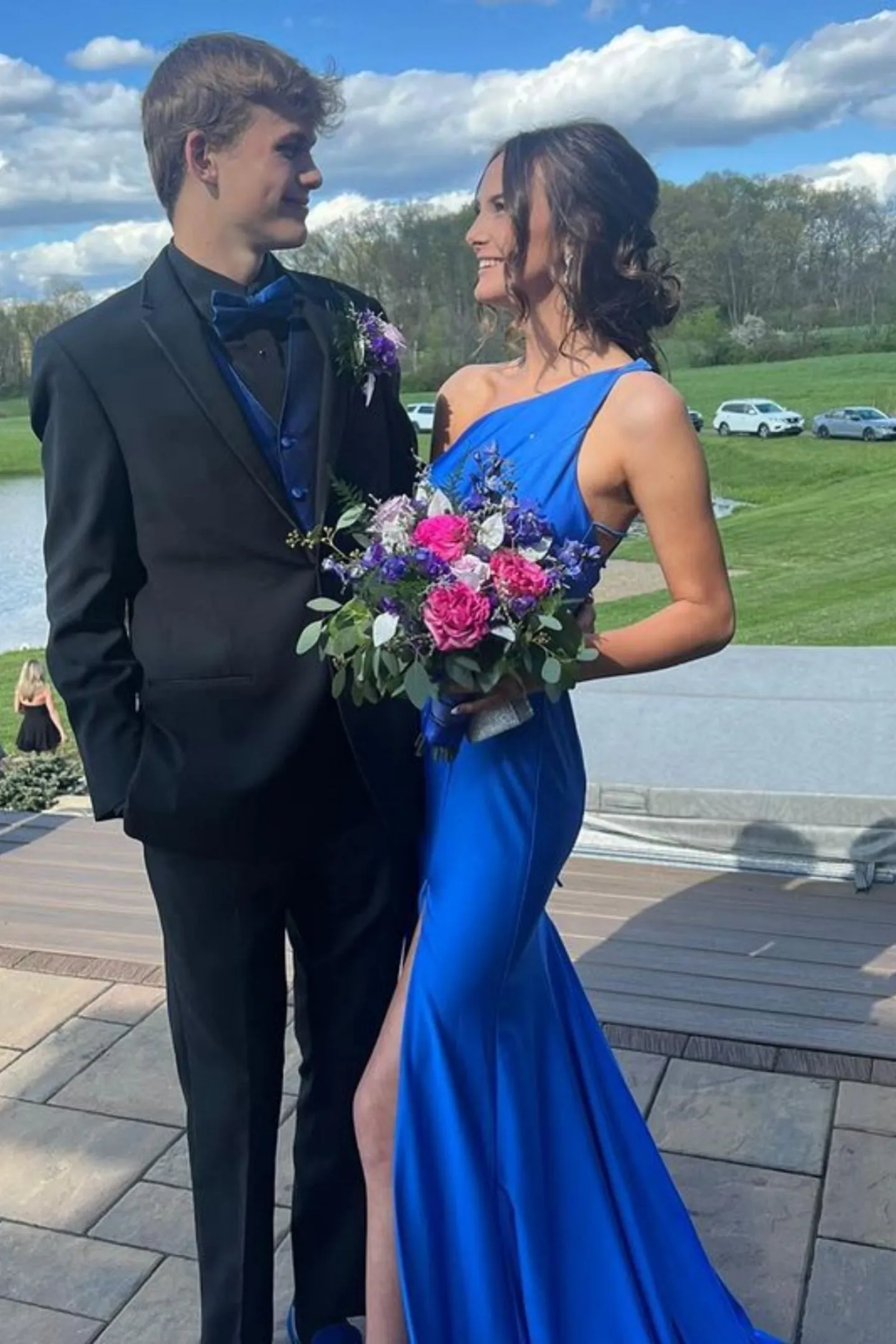 One Shoulder Mermaid Blue Satin Long Prom Dress with High Slit, One Shoulder Blue Formal Dress, Mermaid Blue Evening Dress A2142