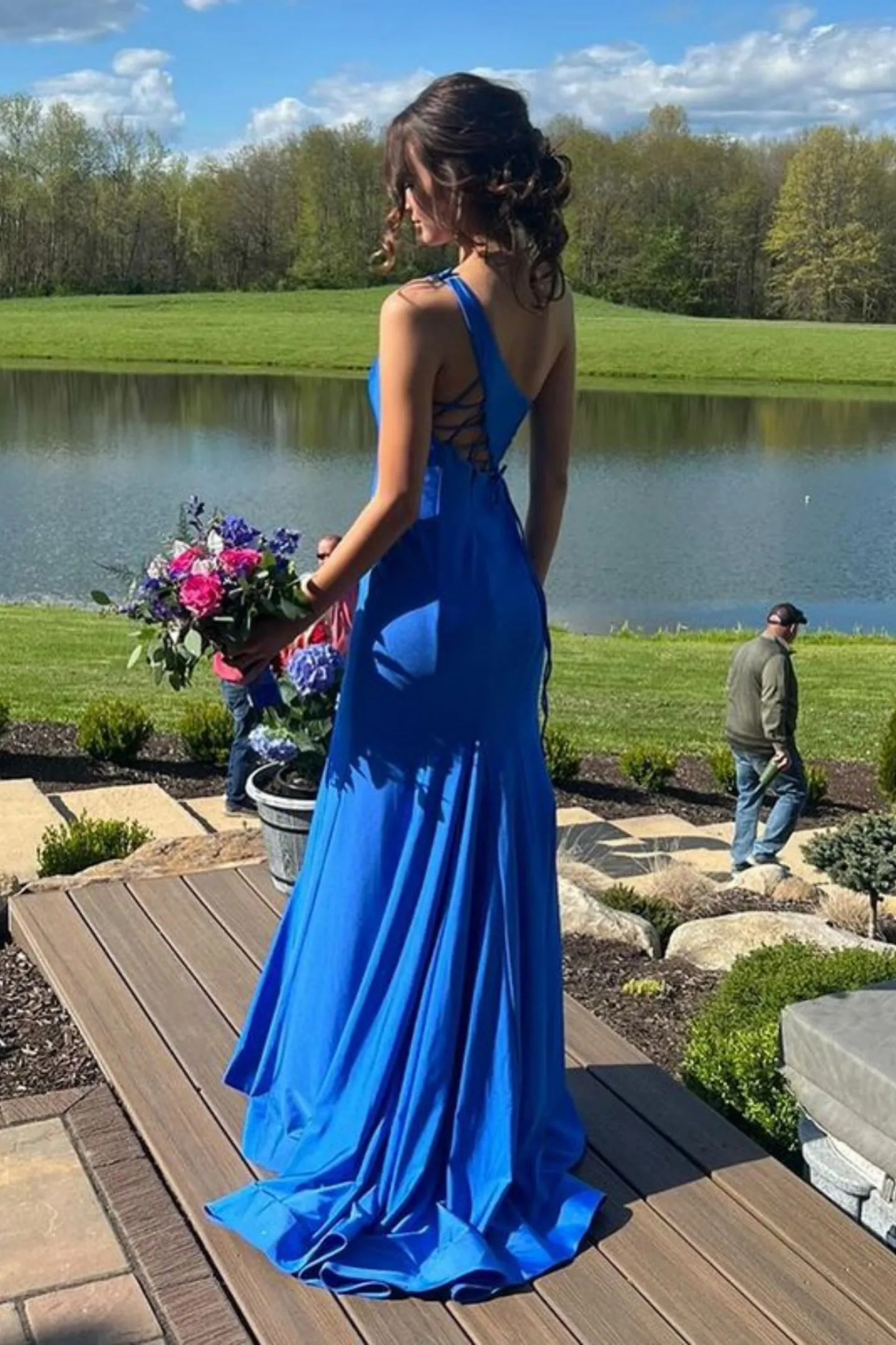 One Shoulder Mermaid Blue Satin Long Prom Dress with High Slit, One Shoulder Blue Formal Dress, Mermaid Blue Evening Dress A2142