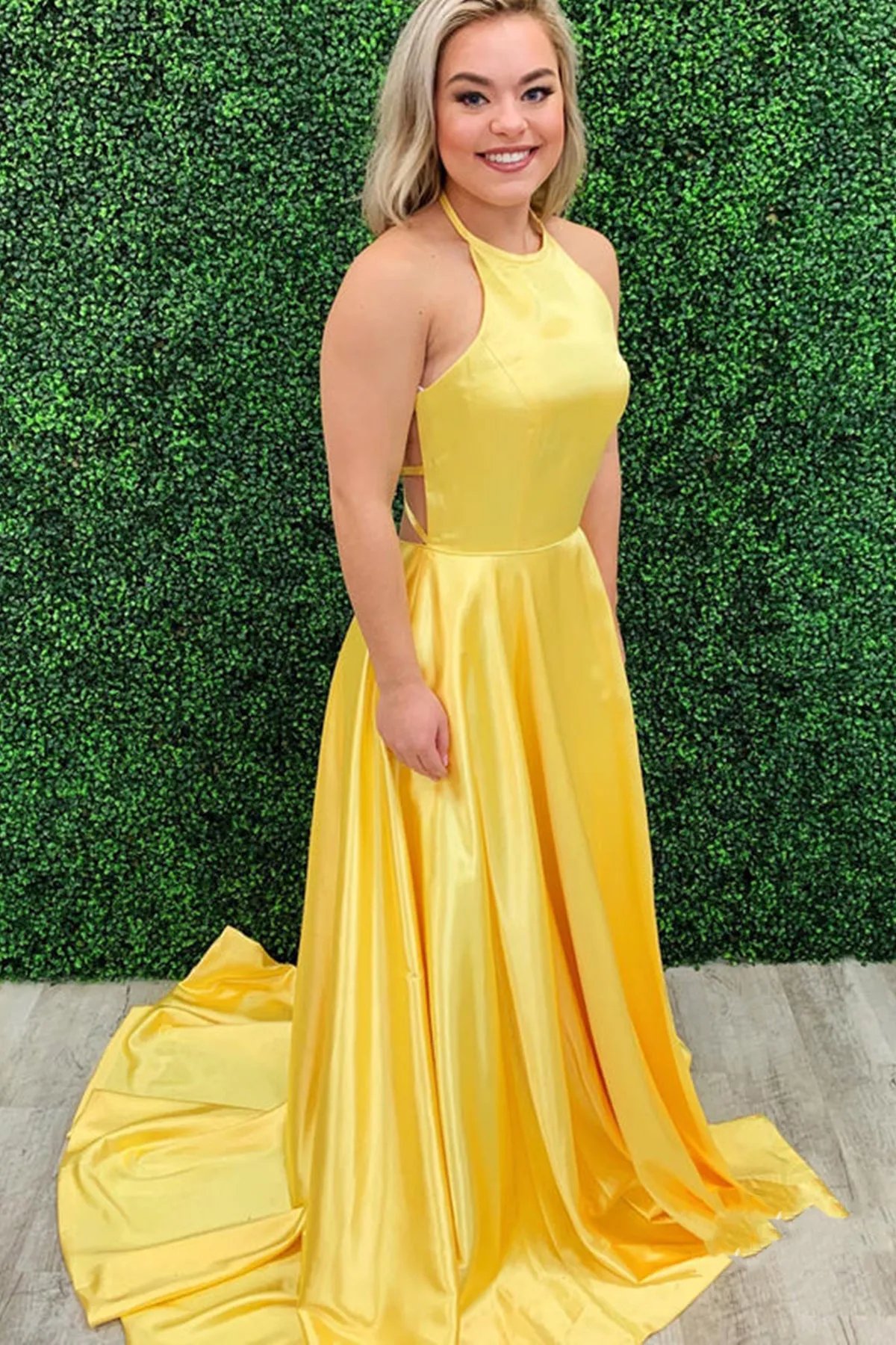 Open Back Halter Neck Yellow Satin Long Prom Dress, Backless Yellow Formal Graduation Evening Dress A1469