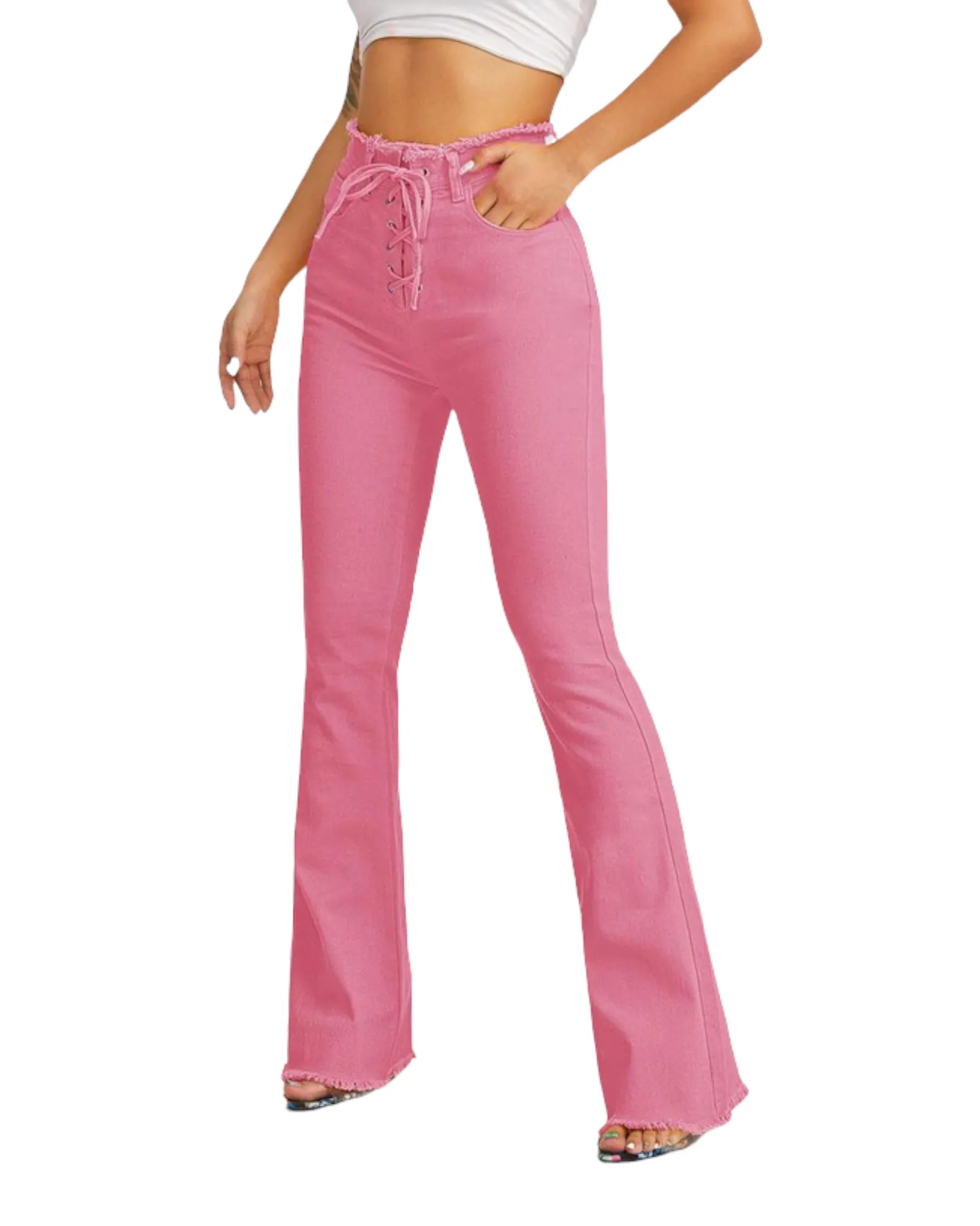 Orielya Barbie Pink Lace Flare Jeans