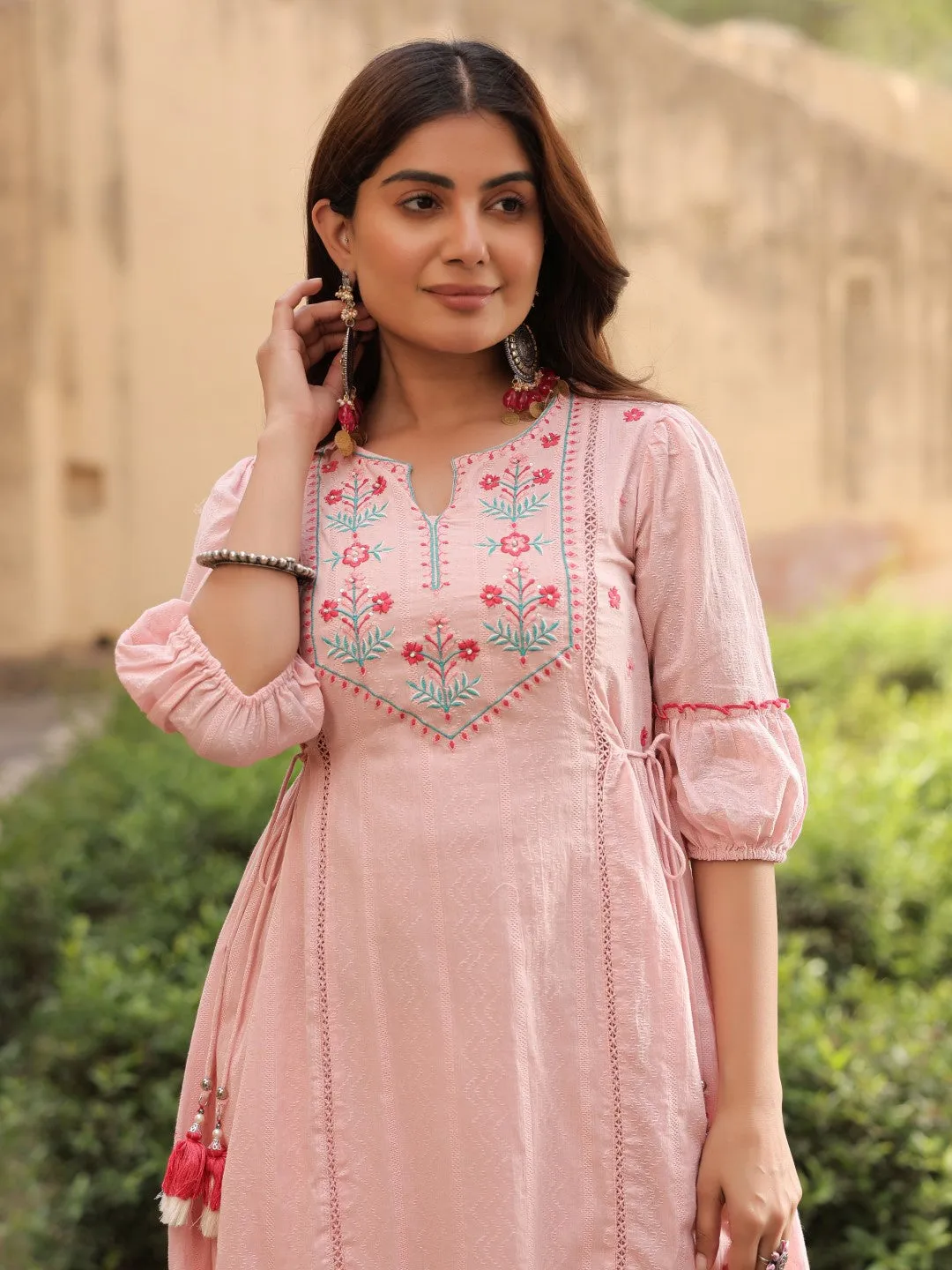 Pink Floral Printed Cotton Dobby Flared Short Kurta With Pant With Thread Embroidery