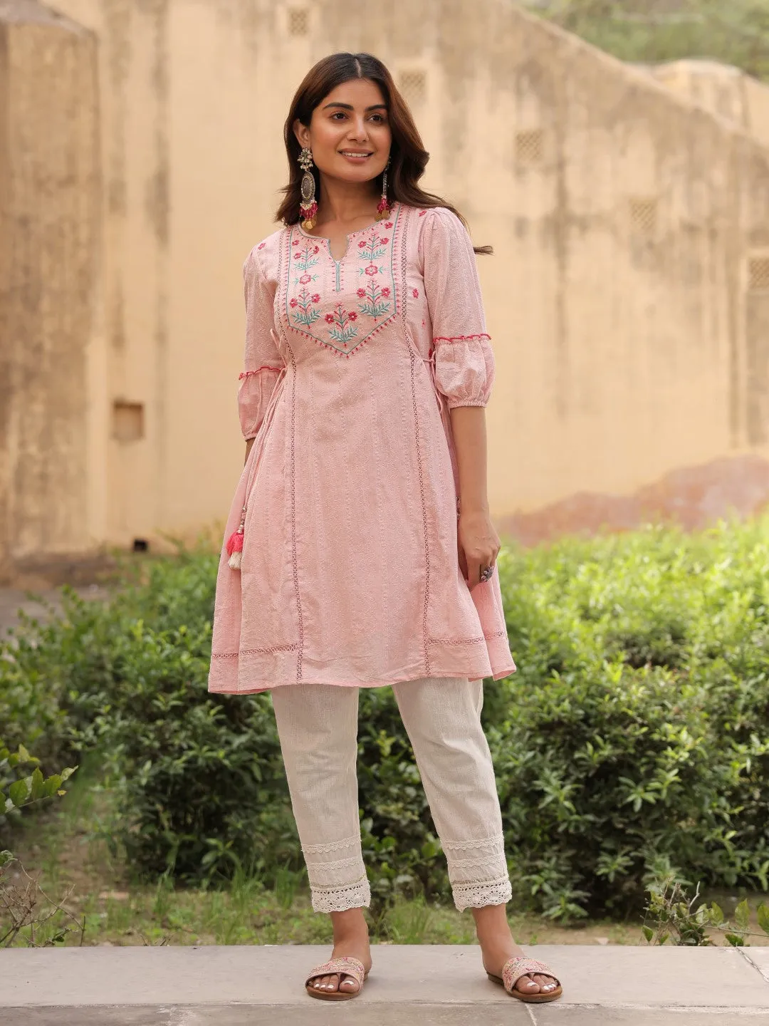 Pink Floral Printed Cotton Dobby Flared Short Kurta With Pant With Thread Embroidery