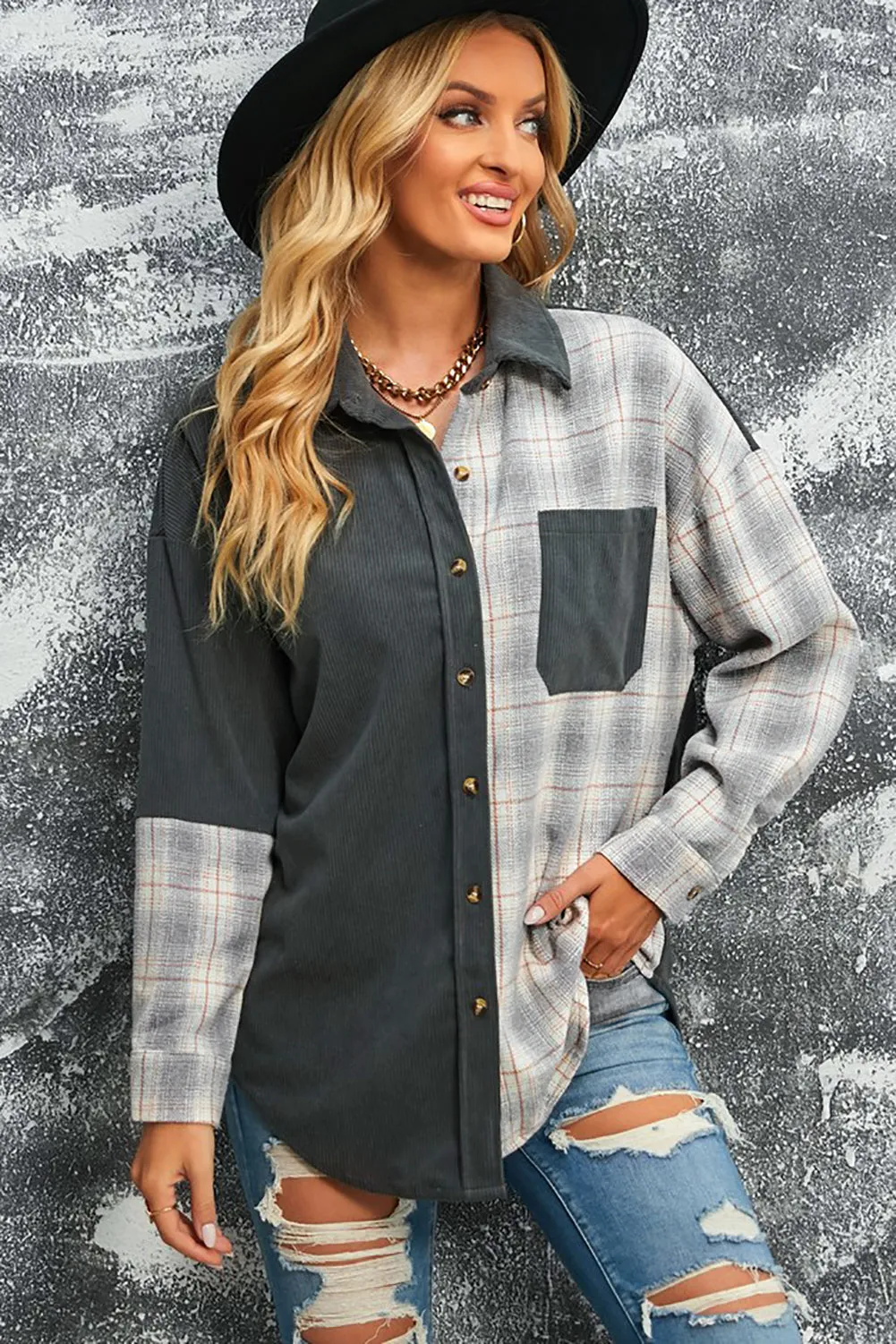 Plaid Color Block Dropped Shoulder Corduroy Shacket