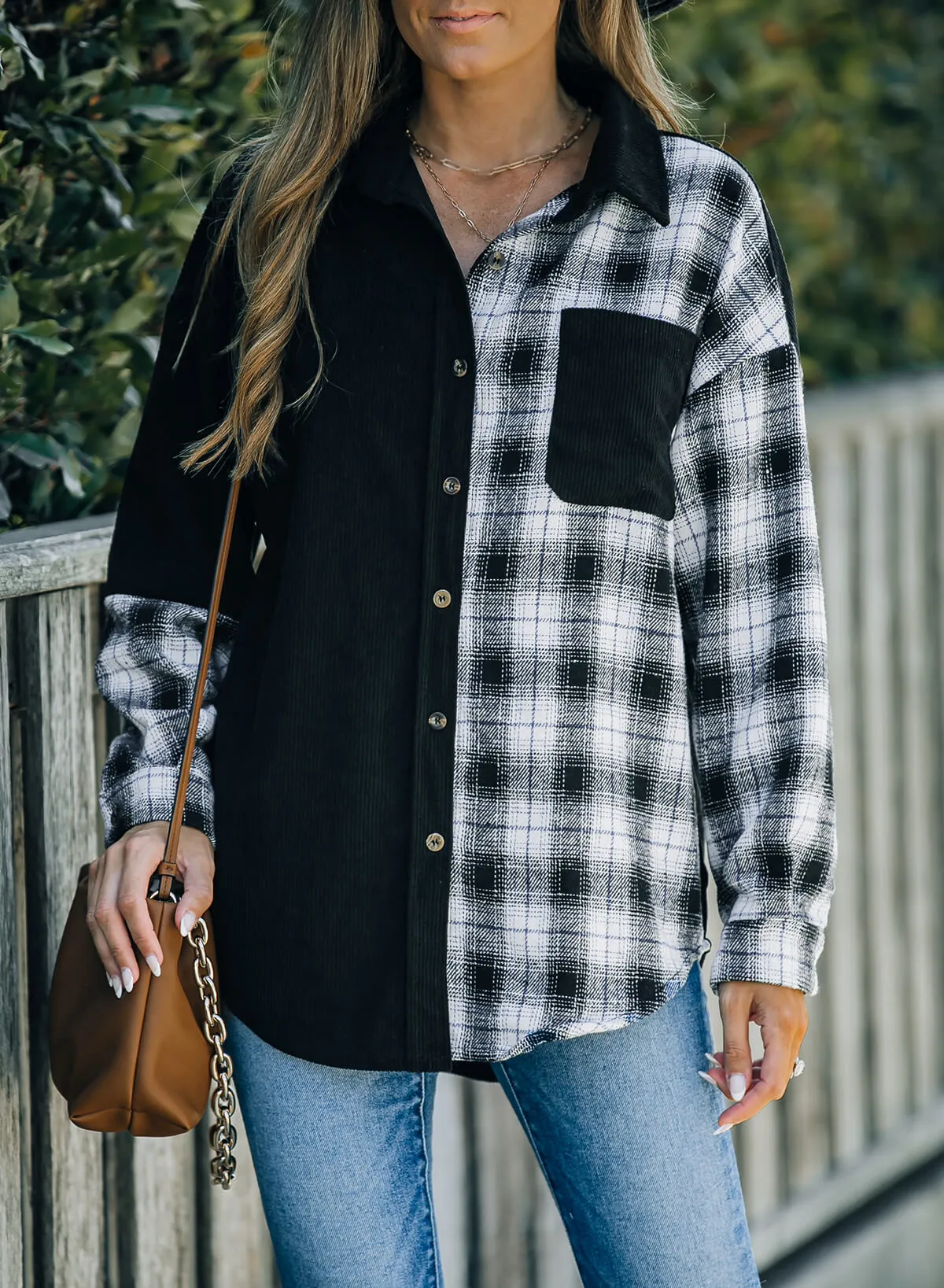 Plaid Color Block Dropped Shoulder Corduroy Shacket