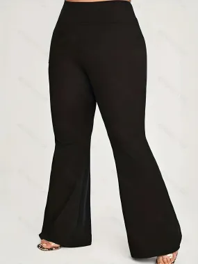 Plus Size Elegant Pants, Women's Plus Solid High Waisted High Stretch Comfort Flare Leggings