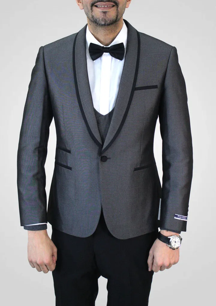 Portabella Solid 1 Button Slim Fit Tuxedo Suit with Compose Shawl Lapel, TUX900-CHARCOAL