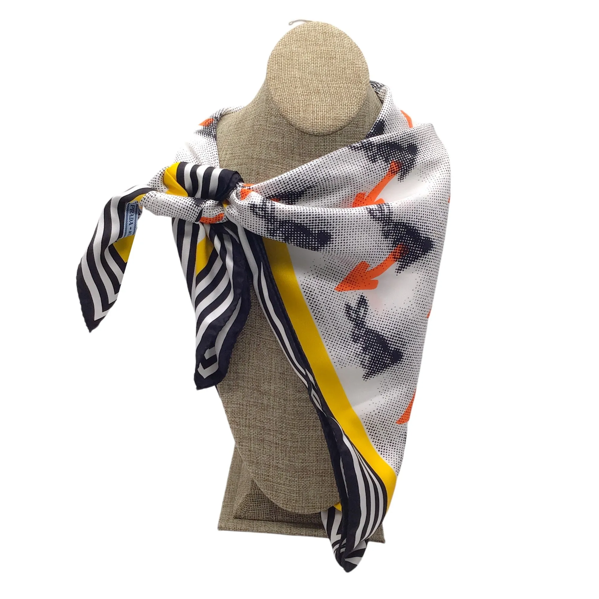 Prada White / Yellow / Orange / Black 2015 Bunny Arrow Print Square Silk Scarf