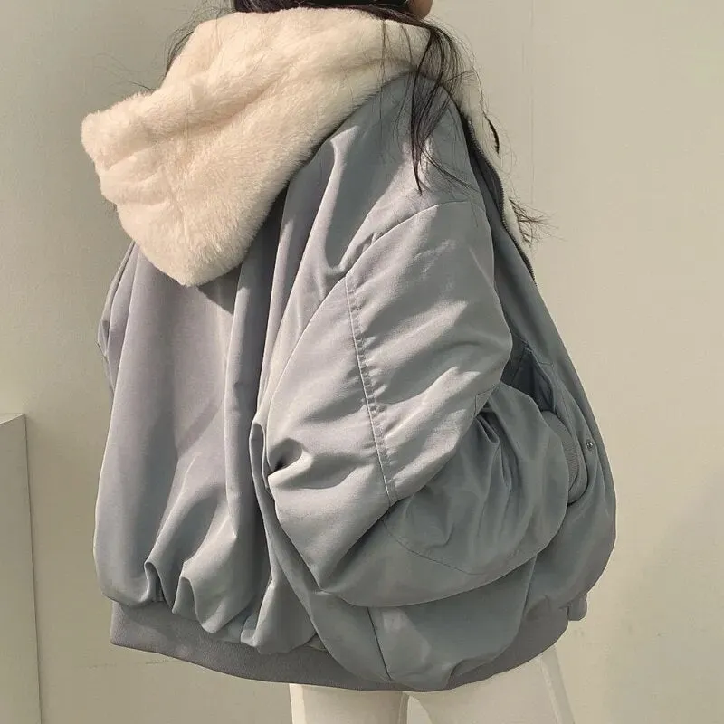 Purpdrank - 2023 Autumn Thicken Parkas Women Casual Hooded Jacket Winter Comfortable Double-Layer Korean Style Simple Solid Warm Cute Coats