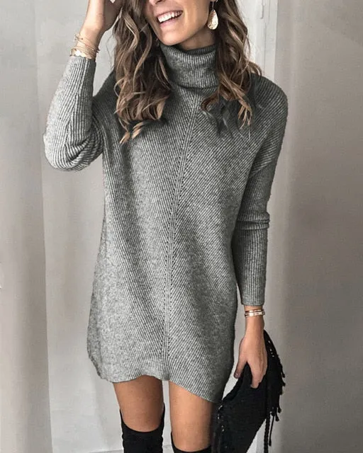 Purpdrank - Fashion Turtleneck Long Sleeve Sweater Dress Women Autumn Winter Loose Tunic Knitted Casual Pink Gray Clothes Solid Dresses