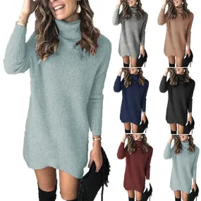 Purpdrank - Fashion Turtleneck Long Sleeve Sweater Dress Women Autumn Winter Loose Tunic Knitted Casual Pink Gray Clothes Solid Dresses