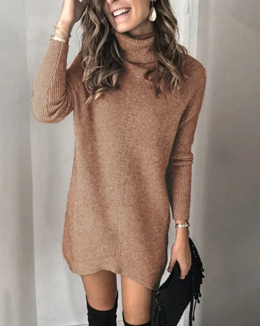 Purpdrank - Fashion Turtleneck Long Sleeve Sweater Dress Women Autumn Winter Loose Tunic Knitted Casual Pink Gray Clothes Solid Dresses