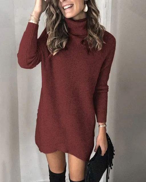 Purpdrank - Fashion Turtleneck Long Sleeve Sweater Dress Women Autumn Winter Loose Tunic Knitted Casual Pink Gray Clothes Solid Dresses