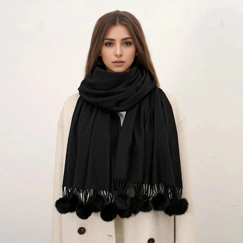 Rabbit Fur Ball Cashmere Pompom Oversize Blanket Scarf for Women