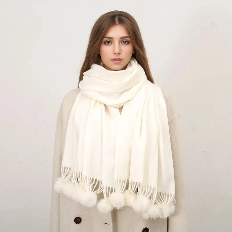 Rabbit Fur Ball Cashmere Pompom Oversize Blanket Scarf for Women