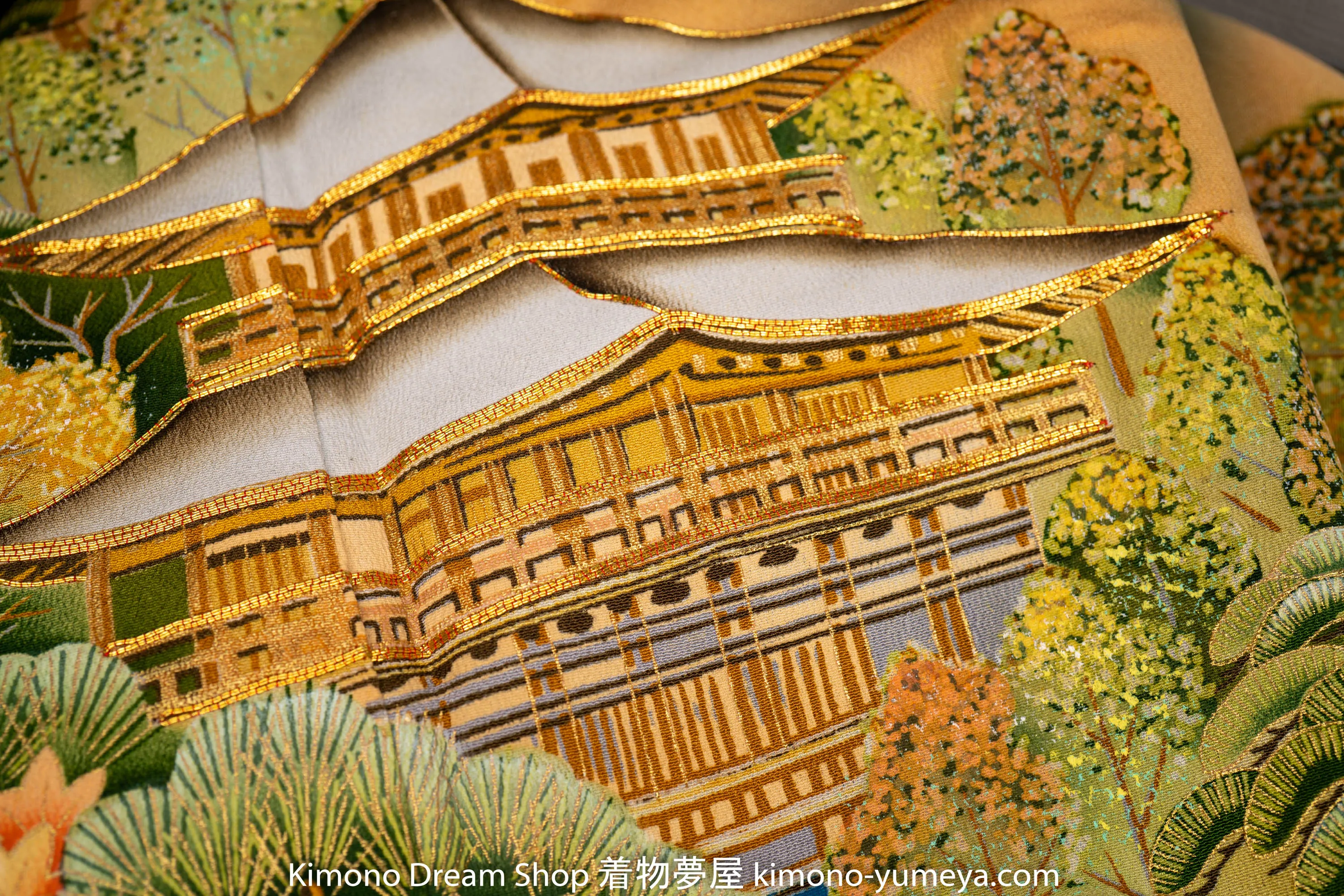 Rare Kinkakuji Tomesode UNESCO World Heritage Site Golden Pavilion Temple Kyoto Vintage Silk Kimono