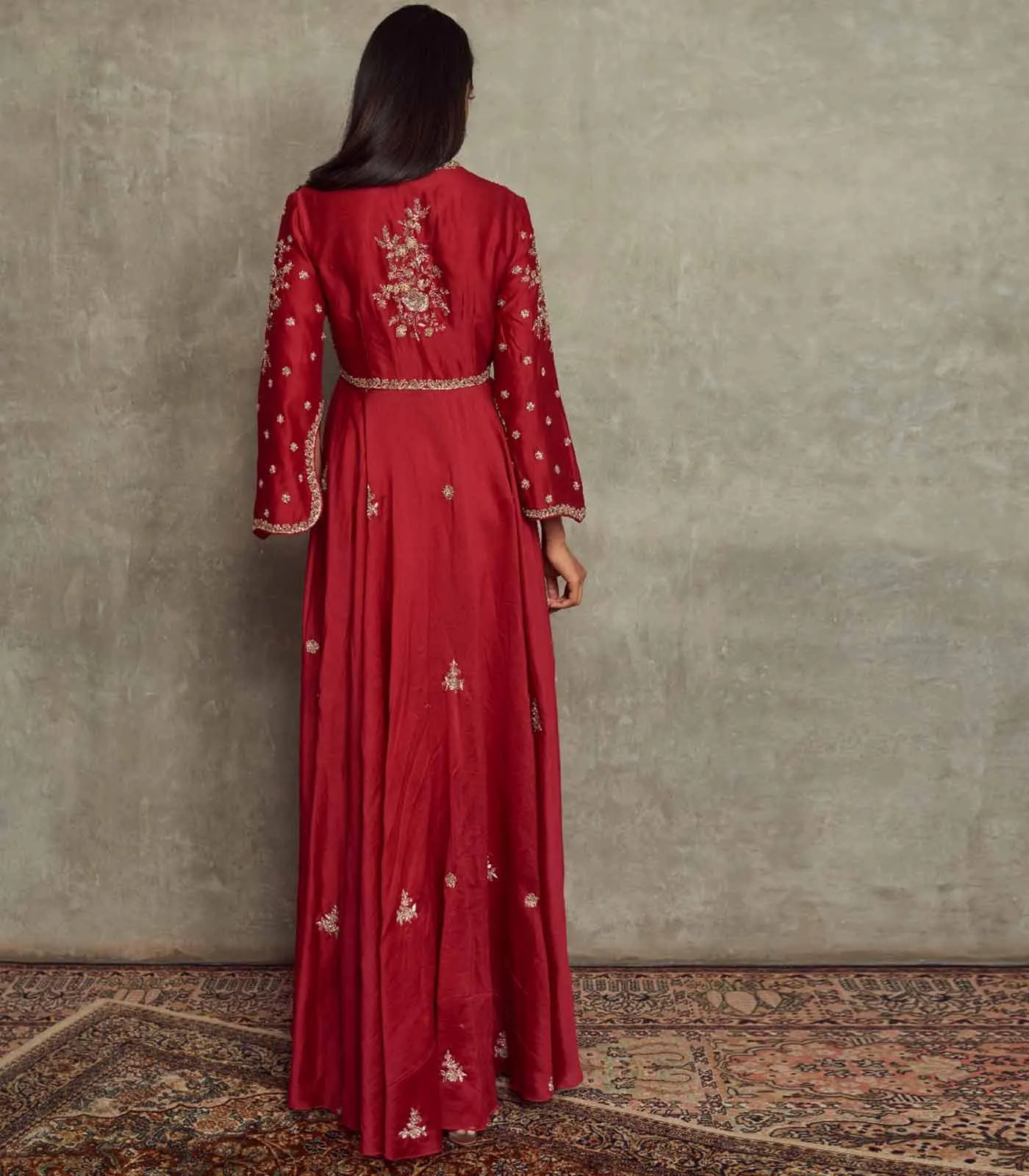 Red Embroidered Flared Kurta Set