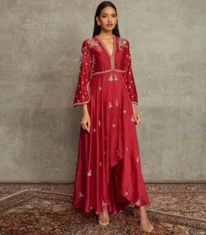 Red Embroidered Flared Kurta Set