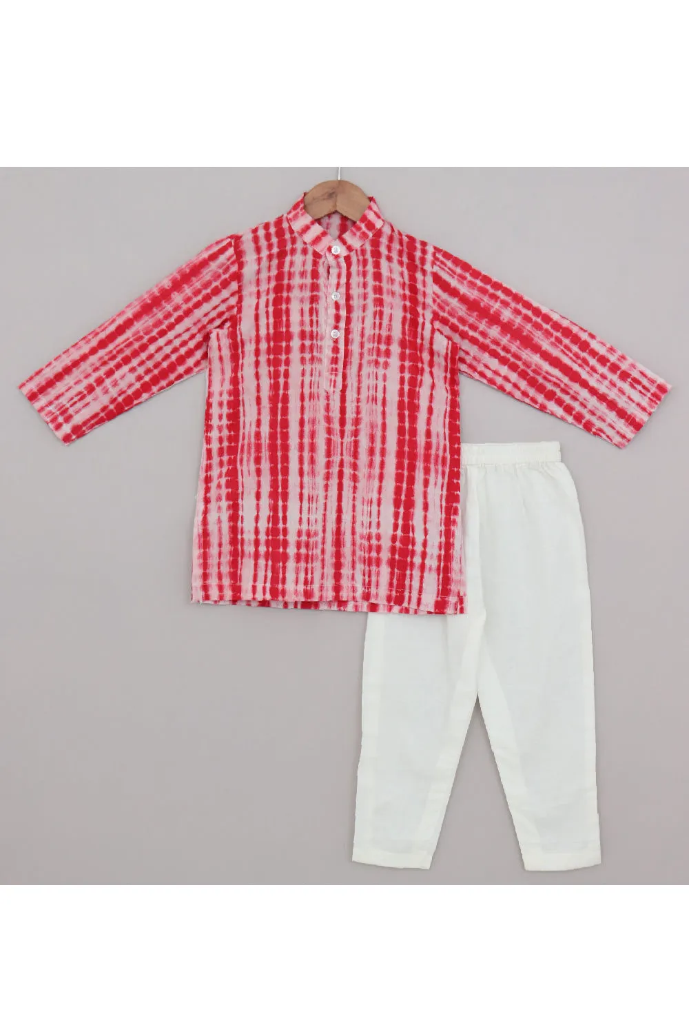 Red Tie & Dye Kurta And White Pyjama With Jacket Set