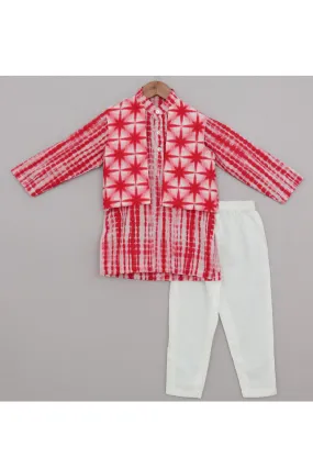 Red Tie & Dye Kurta And White Pyjama With Jacket Set