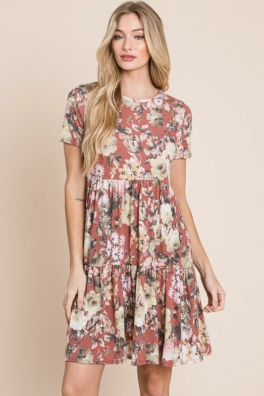 Rust Floral Tiered Dress