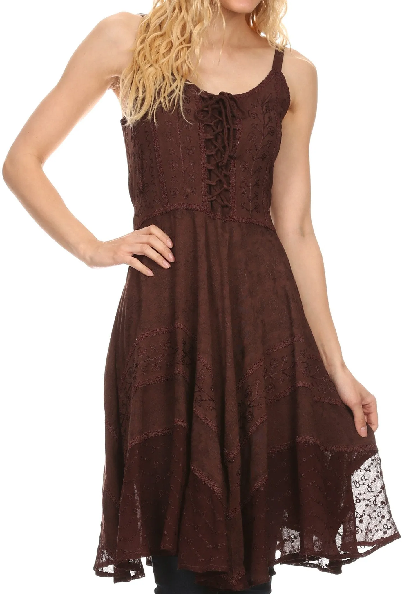 Sakkas Calleea Mid Length Embroidery Sleeveless Spaghetti Strap Corset Batik Dress