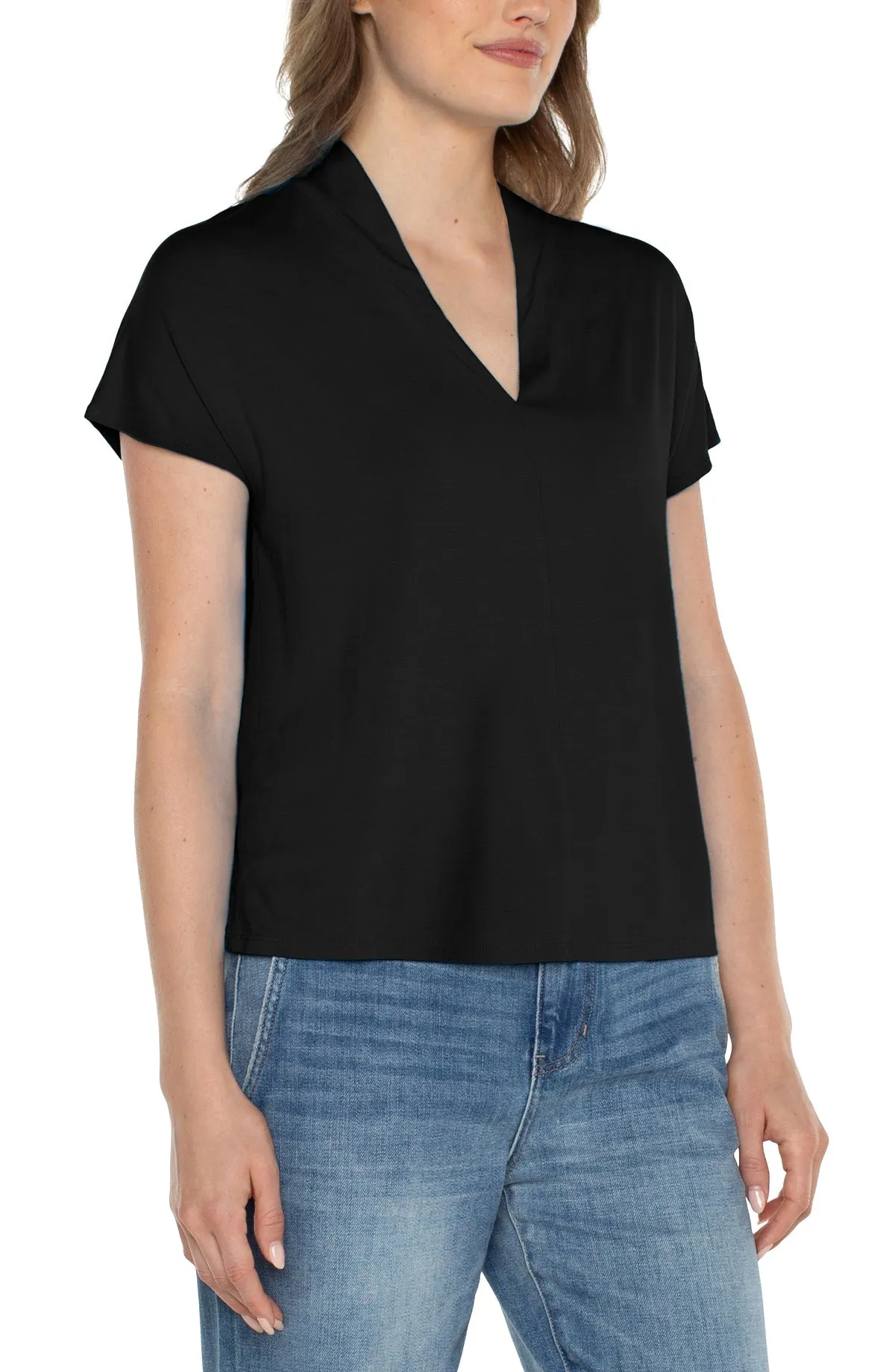 Shawl Collar Short Sleeve Dolman Knit Top - Black