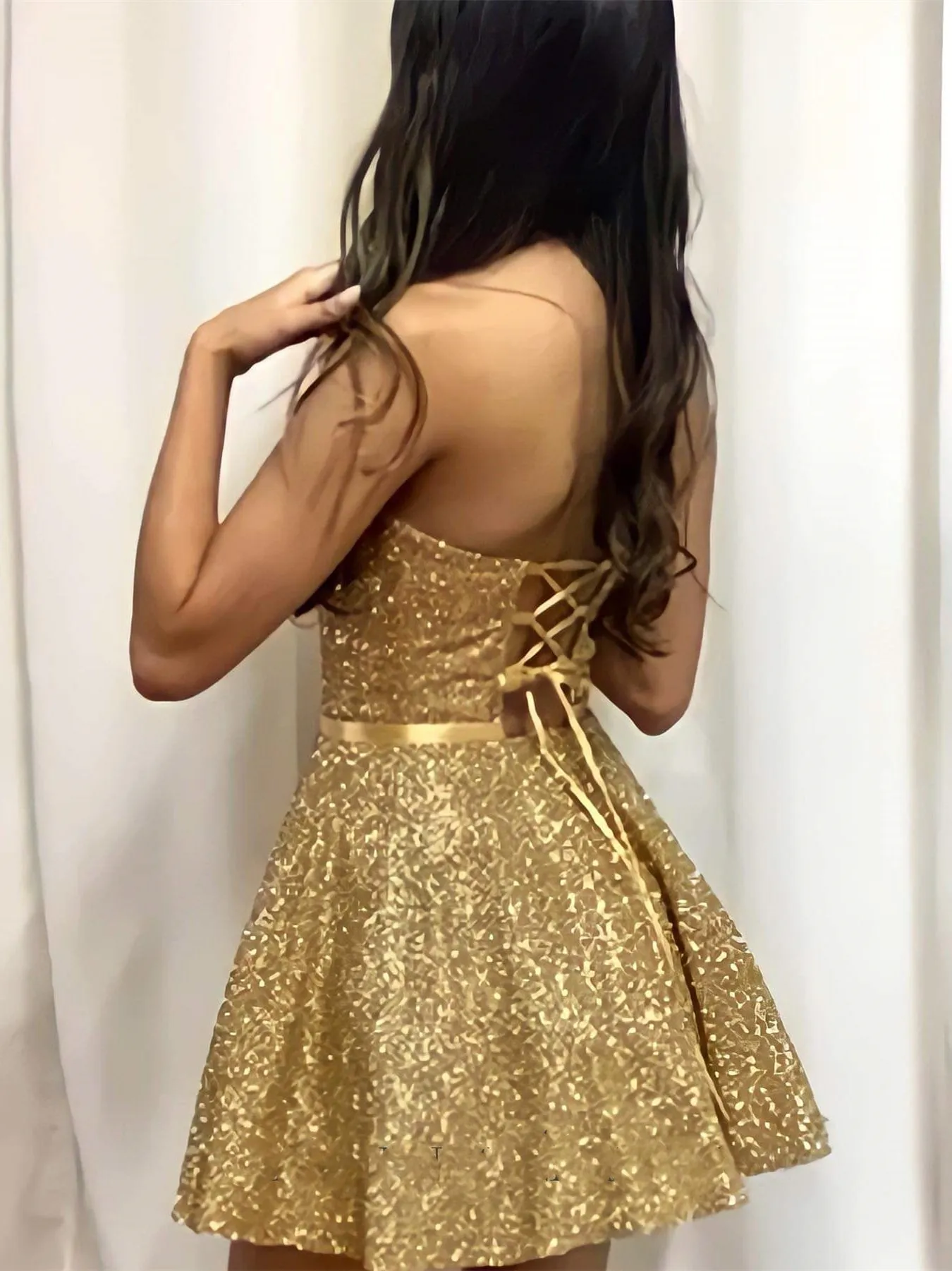 Shiny Strapless Open Back Golden Short Prom Homecoming Dresses, Short Golden Formal Graduation Evening Dresses