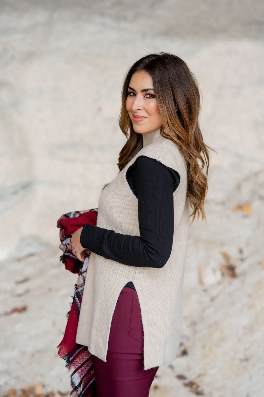 Sleeveless Side Slit Tunic Sweater