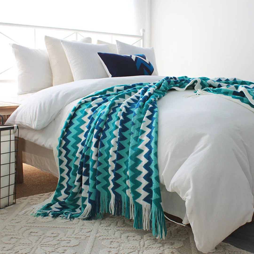 SOGA 170cm Blue Zigzag Striped Throw Blanket Acrylic Wave Knitted Fringed Woven Cover Couch Bed Sofa Home Decor