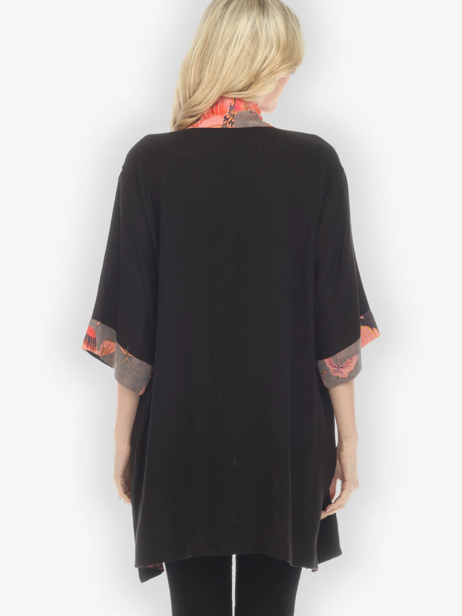 Solid Rayon Black Silk Contrast Kimono Jacket