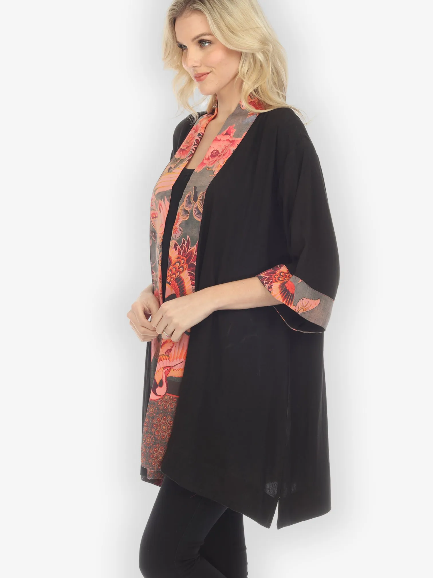 Solid Rayon Black Silk Contrast Kimono Jacket