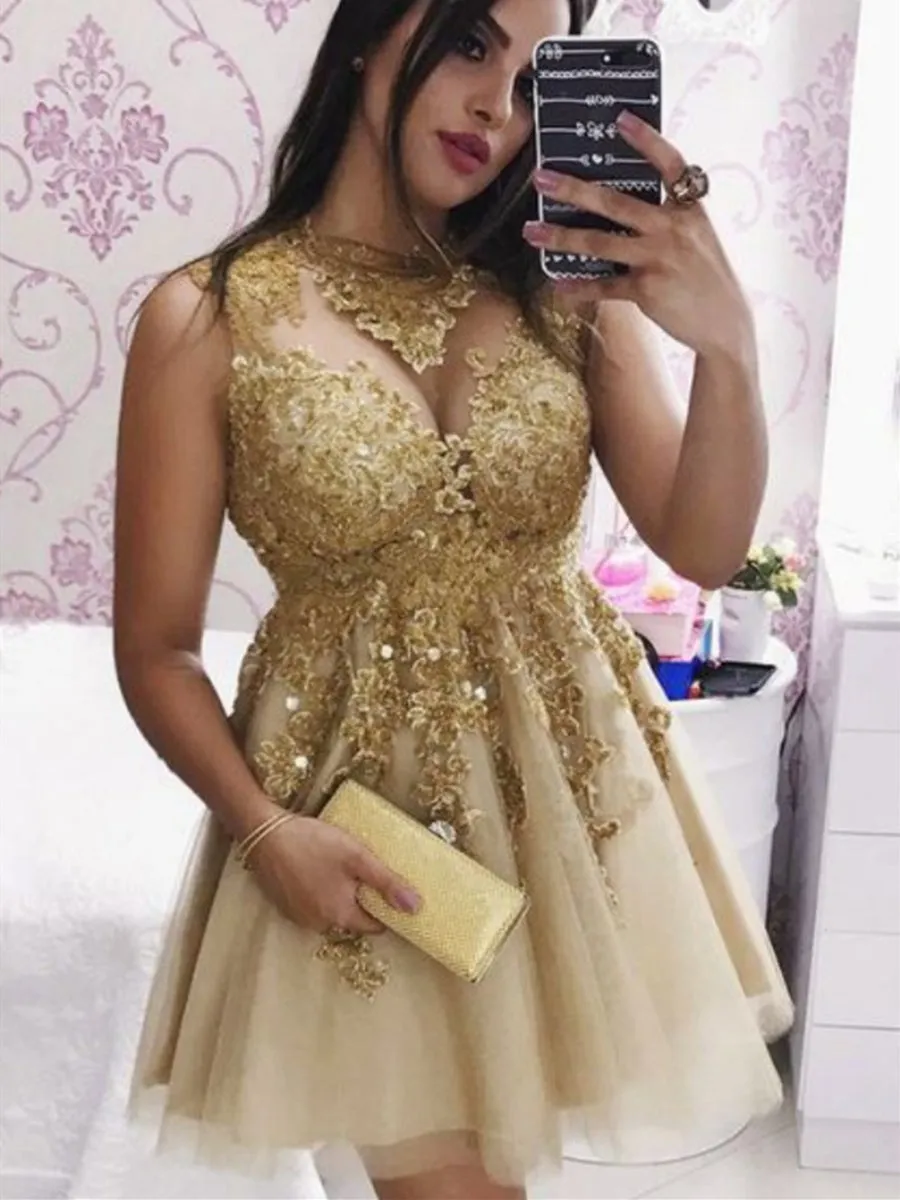 Sparkly Golden Lace Appliques Short Prom Homecoming, Golden Lace Formal Graduation Evening