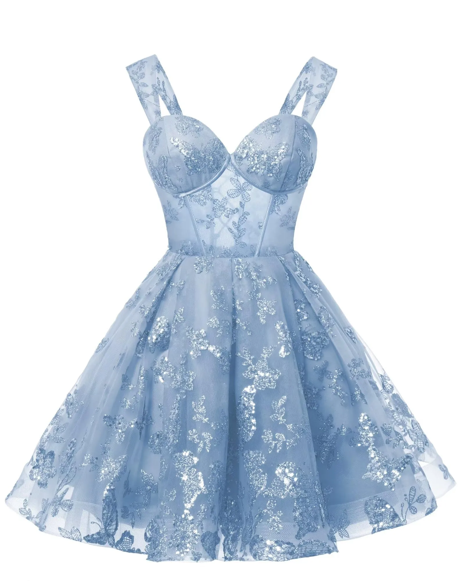 Teens Sparkly Tulle Light Blue Homecoming Dresses Spaghetti Straps Short Cocktail Party Prom Dress