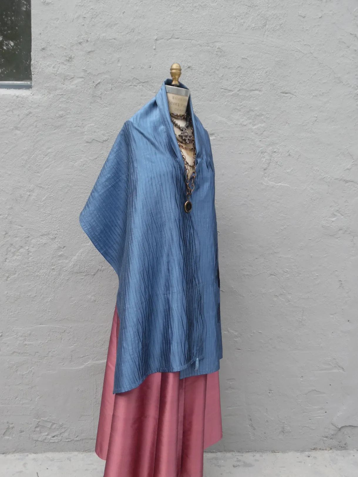 Thai Silk Pintuck Pleated Shawl Cobalt