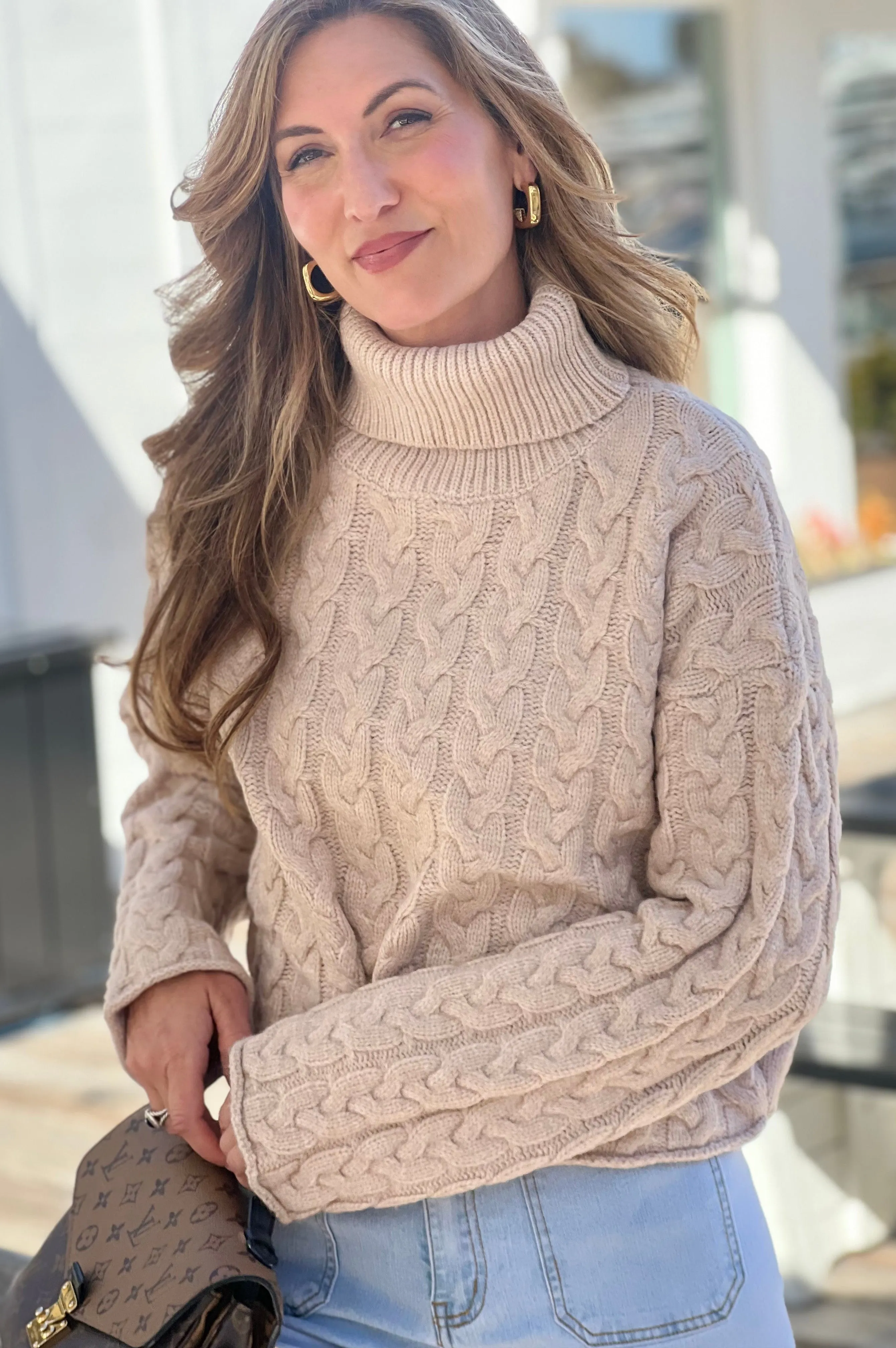 Thick Braid Turtleneck Sweater Taupe