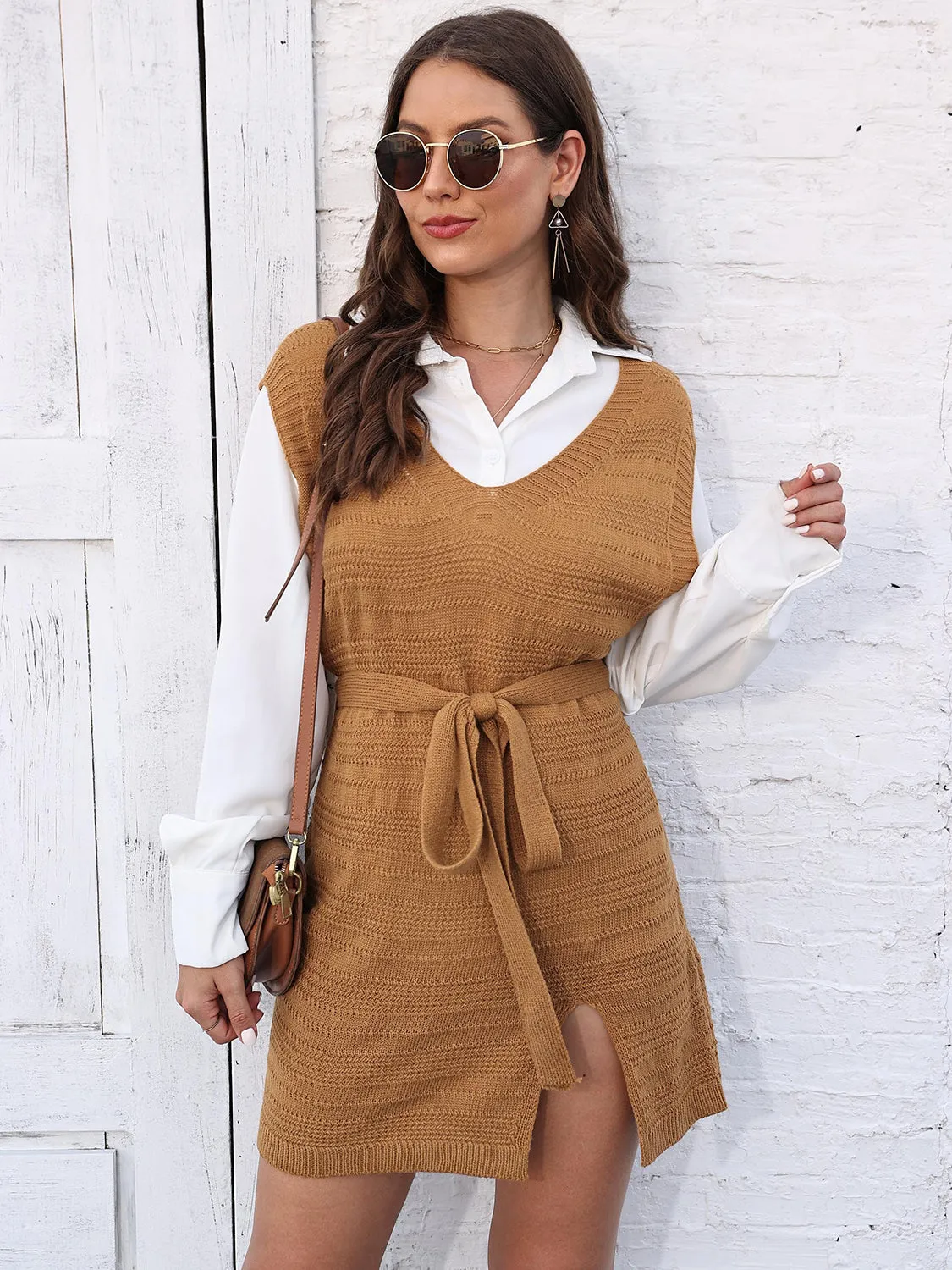 Tie Front V-Neck Sleeveless Slit Sweater Dress