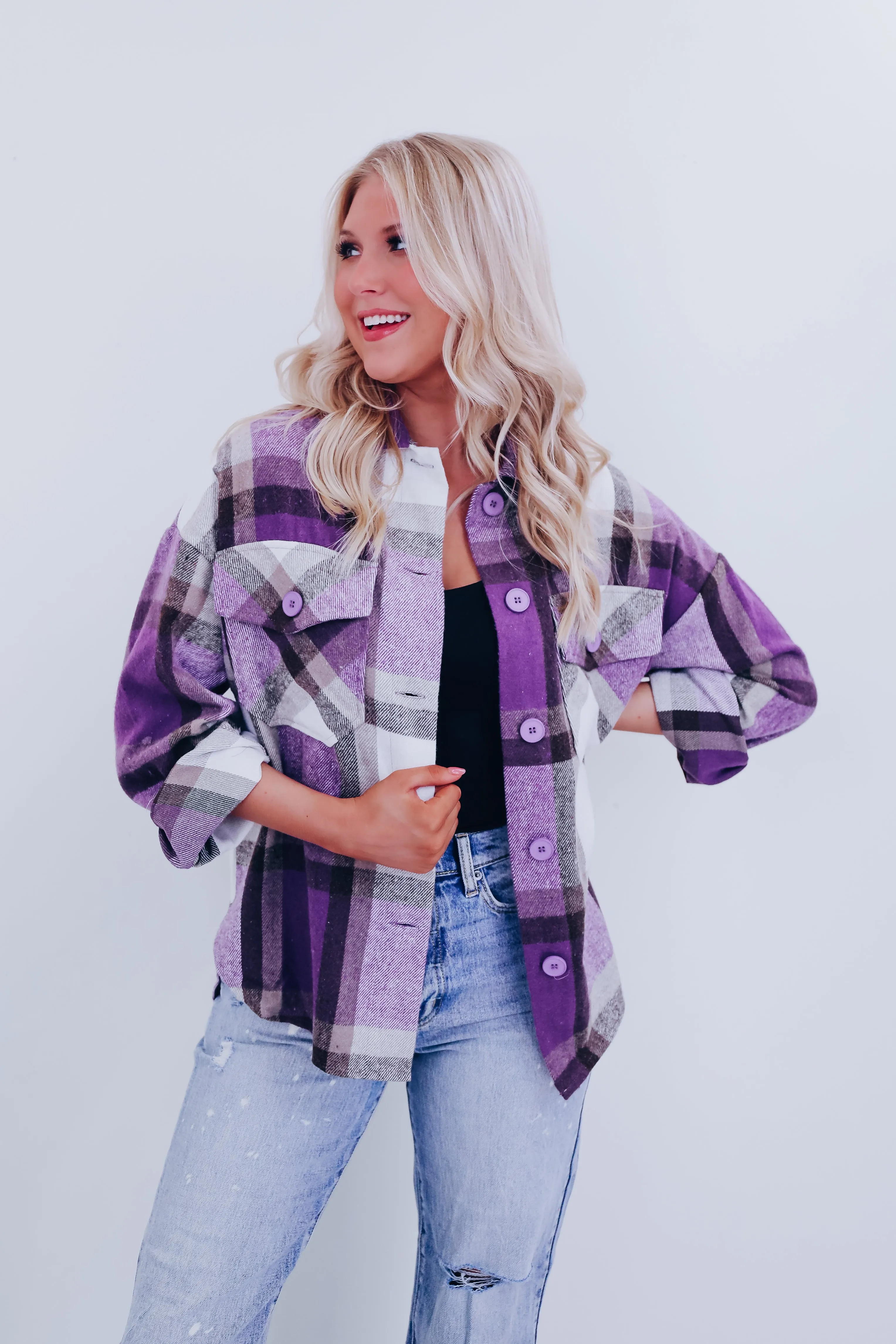 Trendy Time Plaid Shacket - Purple