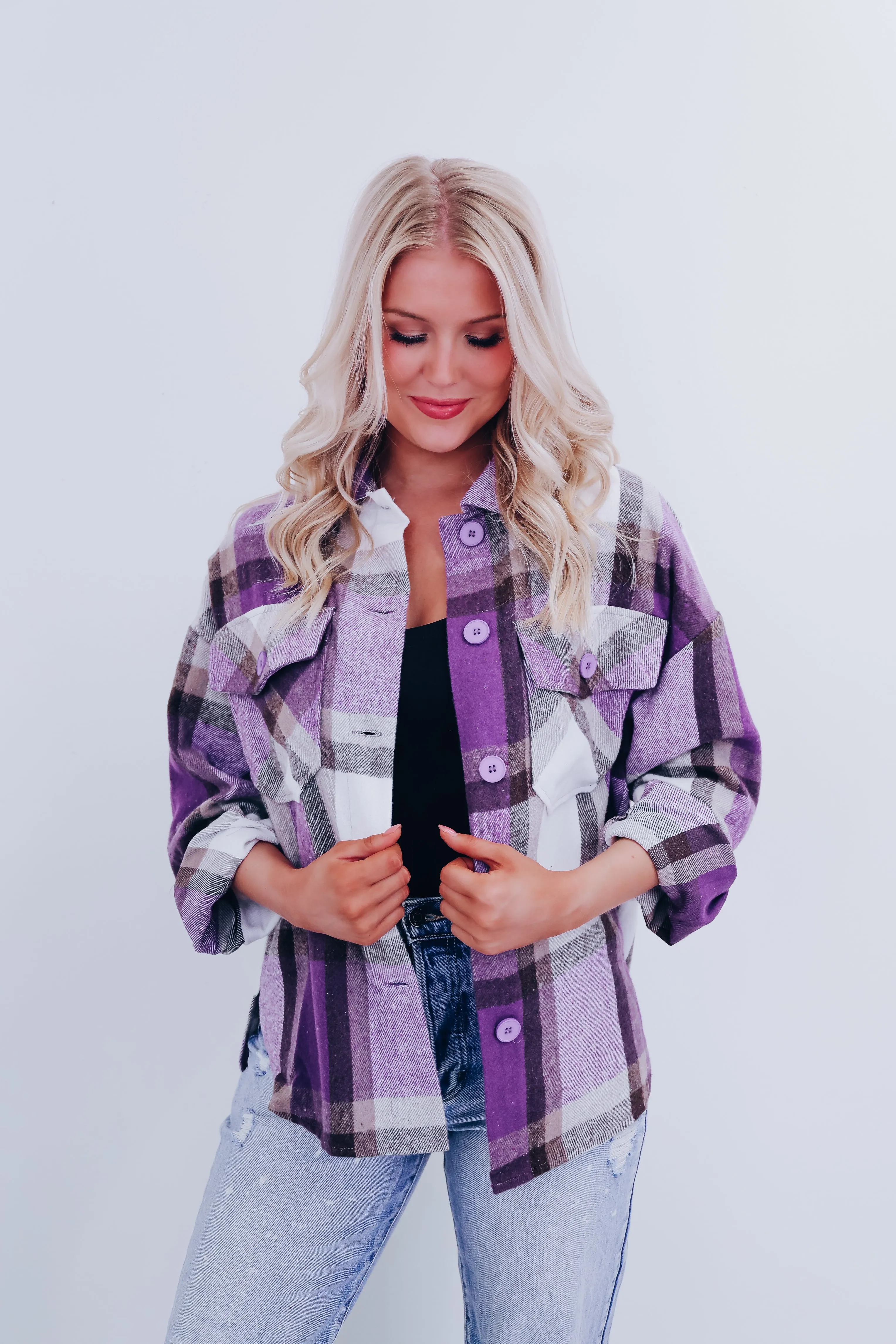 Trendy Time Plaid Shacket - Purple