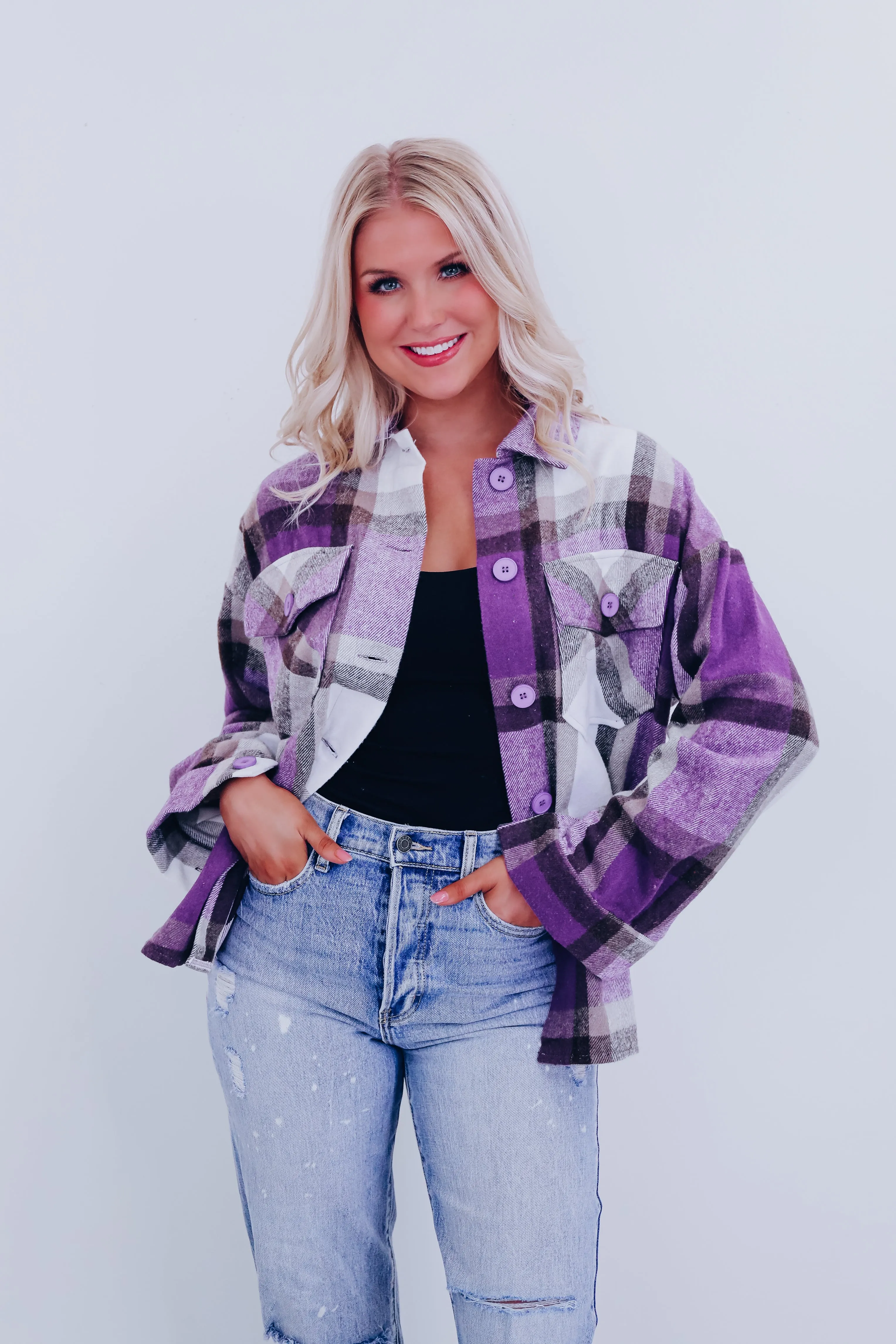 Trendy Time Plaid Shacket - Purple